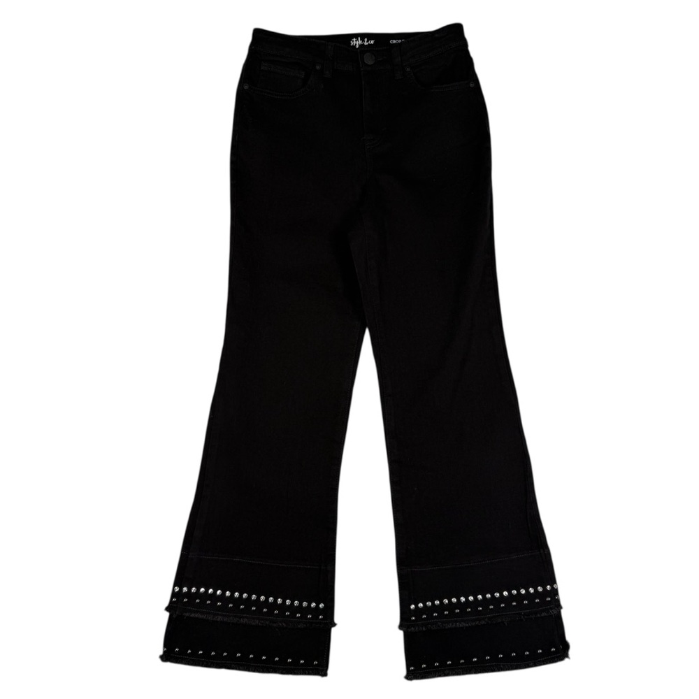 Style & Co Jeans Women Size 4 Black Crop Flare Embellish Hem Fringe